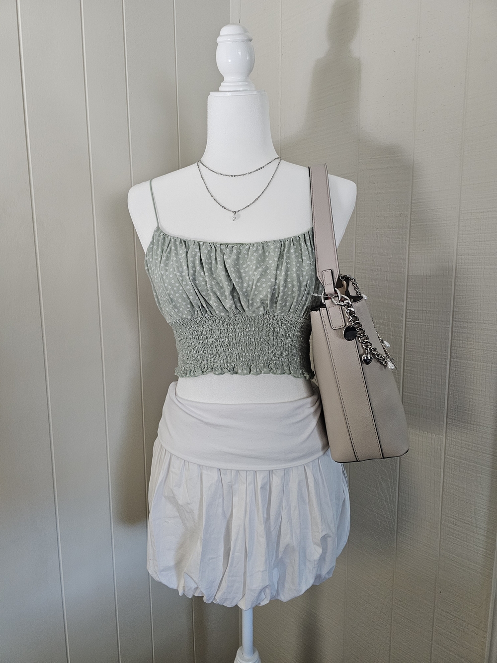 La Hearts Sage Green Floral Dot Smocked Crop Cami